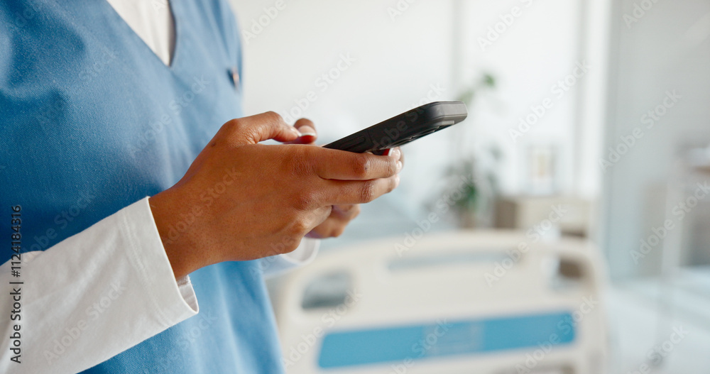 Woman, nurse and hands with phone in hospital, schedule communication and app for medical research. Female person, wireless consultation and online for healthcare, clinic networking and text doctor Woman, nurse and hands with phone in hospital, schedule communication and app for medical research. Female person, wireless consultation and online for healthcare, clinic networking and text doctor