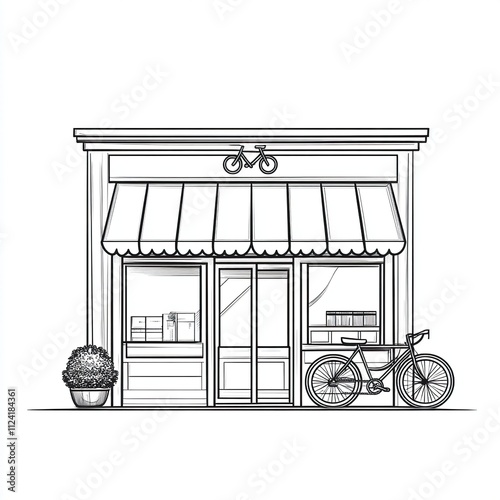 Line drawing of a quaint bookstore with a bicycle parked outside. photo