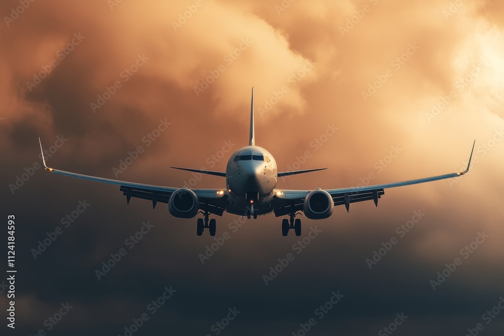 Obraz premium Aircraft approaching against a dramatic sky backdrop.