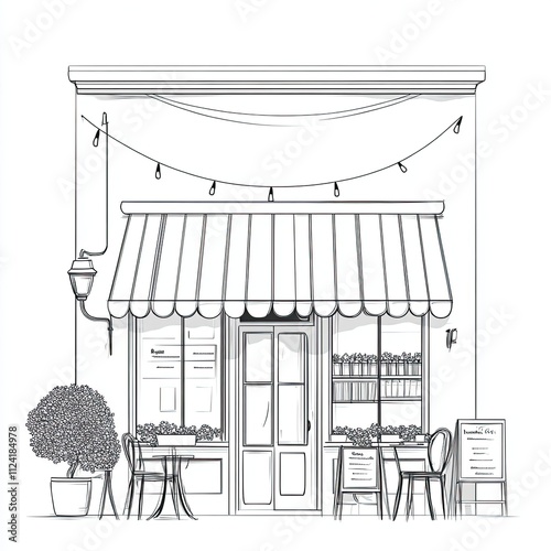 Sketch of a charming storefront café with outdoor seating and string lights.