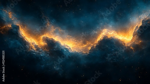 Fiery, swirling nebula in deep space, cosmic clouds with orange and blue hues.