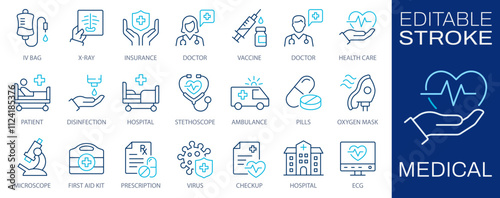 Medical line icons, such as vaccine, stethoscope, x-ray, oxygen mask and more. Editable stroke.