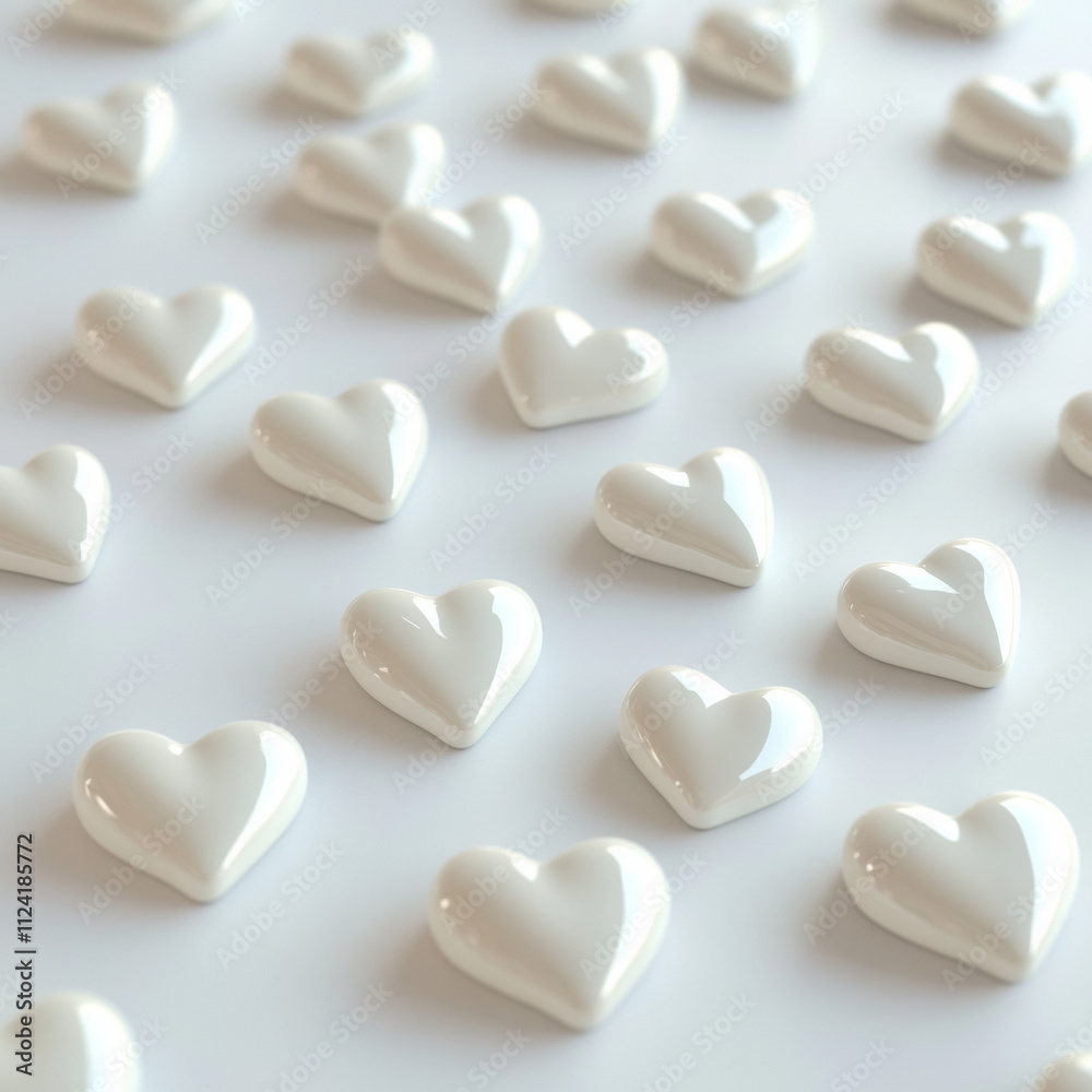 Glossy white hearts scattered on smooth surface create serene atmosphere Glossy white hearts scattered on smooth surface create serene atmosphere