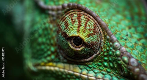 Close-up of chameleon's intricate eye and scaled skin in vivid green detail