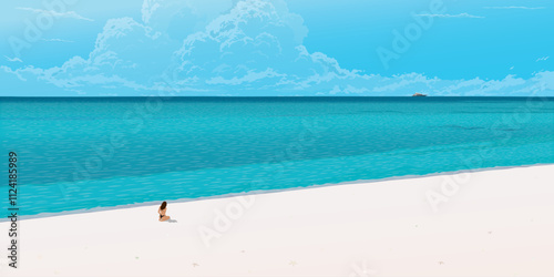 Minimalist landscape of tropical blue sea with a girl sunbathe at white sand beach have blue sky background graphic illustration. Traveling in summer concept have blank space.