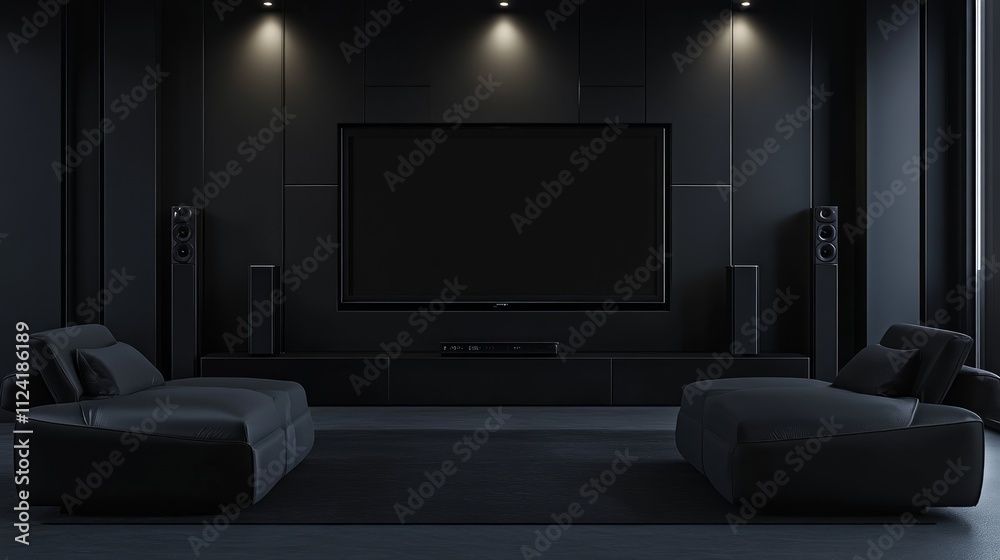 Dark modern home theater room with large screen, sofas, and speakers. Dark modern home theater room with large screen, sofas, and speakers.