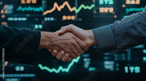 Two professional investors shaking hands confidently standing in front of a corporate building