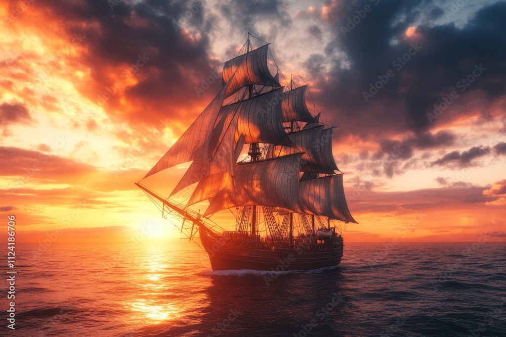 Obraz premium Majestic maritime adventure a sailing ship navigating the open sea at sunset capturing the beauty of nature and maritime exploration in a stunning oceanic environment