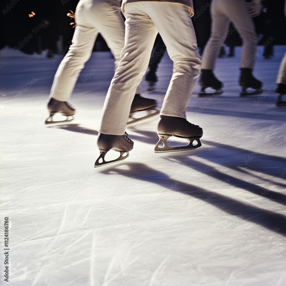 macro of the tips of white ice-skaters from above with in full speed, trousers of a suit, shallow light