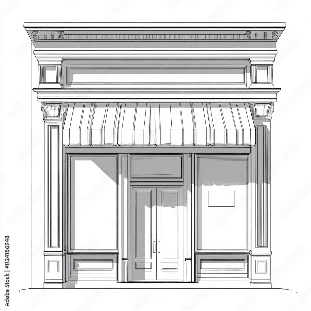 Architectural Sketch of a Classic Storefront with Awning and Columns Architectural Sketch of a Classic Storefront with Awning and Columns