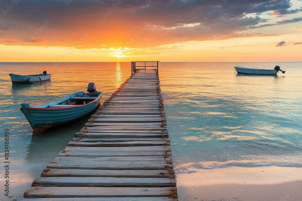 Fototapeta premium Serene maritime sunset at a tranquil beach with a wooden pier and fishing boats coastal environment scenic viewpoint captivating nature concept for relaxation and exploration