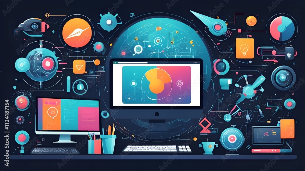 Fototapeta premium Illustration of a digital video camera with technology and communication icons