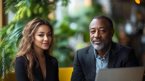 Two diverse business professionals in a cafe setting.