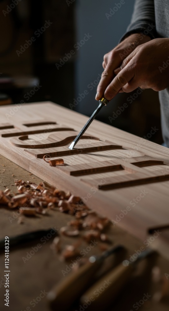 Close-up of wood carving by male artisan using chisel Close-up of wood carving by male artisan using chisel