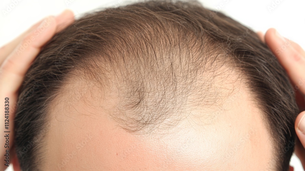 Person examining thinning hair in mirror, reflecting on aging and self-care. Embracing natural changes and prioritizing health and well-being.