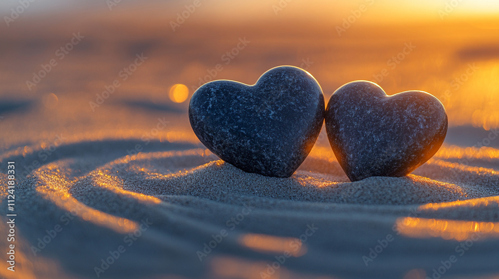 Fototapeta premium Two dark-toned, heart-shaped smooth stones arranged on a serene surface, symbolizing love, resilience, and unity. The natural textures and shapes evoke strength and enduring connection