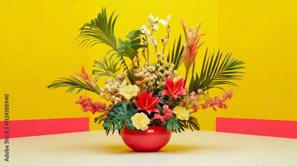 vibrant flower arrangement in red bowl against bright yellow background, exuding joy vibrant flower arrangement in red bowl against bright yellow background, exuding joy