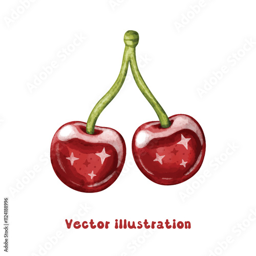 Coquette cherries with red bow vector illustration, vintage preppy aesthetic hand drawn, watercolor