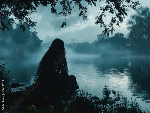 Mystical river spirit Phi Nang Mai, haunting figure of folklore, supernatural beauty and vengeance photo