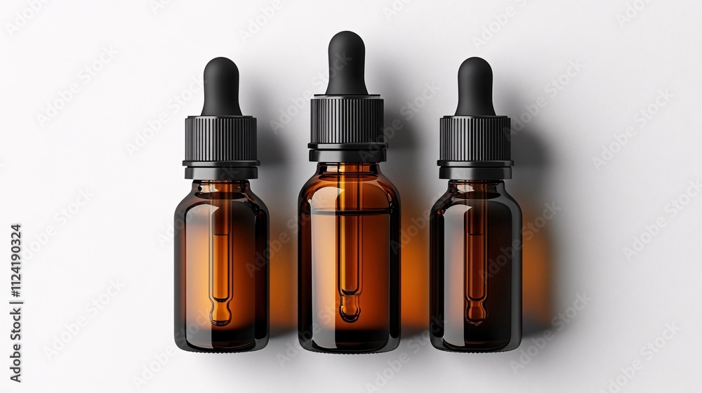 Naklejka premium Amber Dropper Bottles on White Background