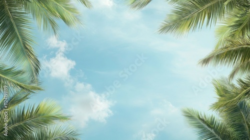 Palm Leaves Against a Light Blue Sky with Fluffy Clouds. A Perfect Summer Day. A Tranquil View of Nature.