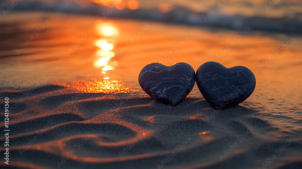 Fototapeta premium Two dark-toned, heart-shaped smooth stones arranged on a serene surface, symbolizing love, resilience, and unity. The natural textures and shapes evoke strength and enduring connection