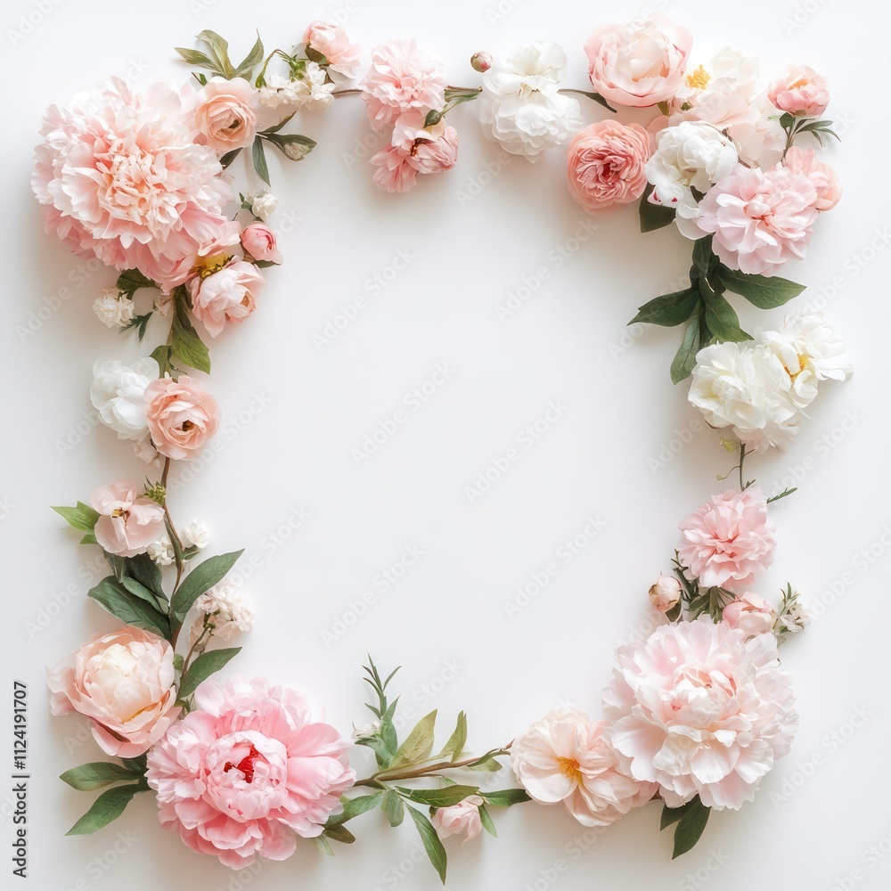 A soft pink floral frame with peonies, ranunculus, and carnations, pastel and lifelike, on a white background A soft pink floral frame with peonies, ranunculus, and carnations, pastel and lifelike, on a white background