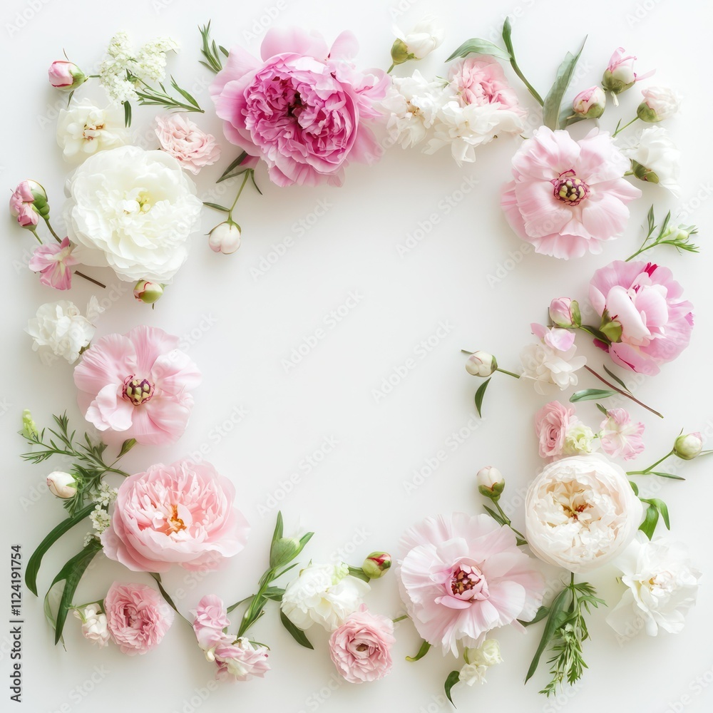 A soft pink floral frame with peonies, ranunculus, and carnations, pastel and lifelike, on a white background A soft pink floral frame with peonies, ranunculus, and carnations, pastel and lifelike, on a white background