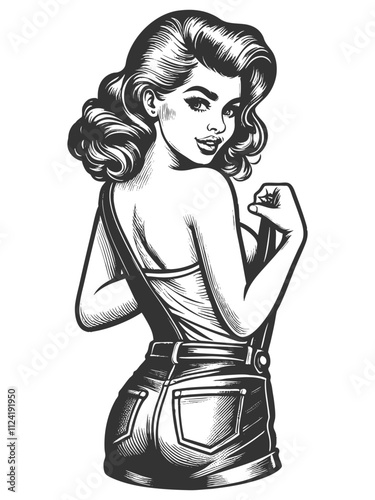 Playful smiling beautiful young woman in denim overalls unbuttoning one strap with a flirty smile sketch engraving generative ai vector illustration. Scratch board imitation. Black and white image.