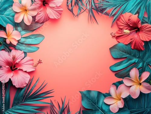 A summer tropical floral frame with hibiscus, plumeria, and palm leaves, set against a vibrant coral and turquoise gradient background photo