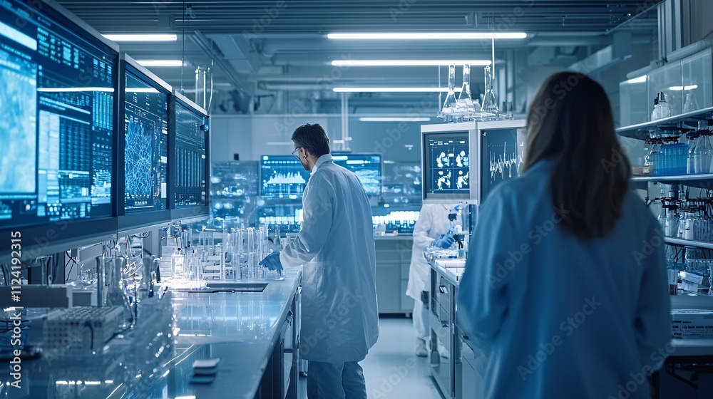 In a state-of-the-art laboratory, scientists in lab coats study real-time data amidst a glow of screens and sophisticated machinery, showcasing cutting-edge innovation. In a state-of-the-art laboratory, scientists in lab coats study real-time data amidst a glow of screens and sophisticated machinery, showcasing cutting-edge innovation.