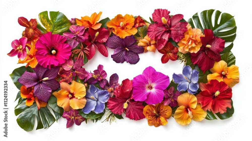 A vibrant rectangular floral frame made of tropical flowers such as hibiscus, orchids, and plumeria, with monstera and palm leaves, realistic and exotic, isolated on a white background A vibrant rectangular floral frame made of tropical flowers such as hibiscus, orchids, and plumeria, with monstera and palm leaves, realistic and exotic, isolated on a white background
