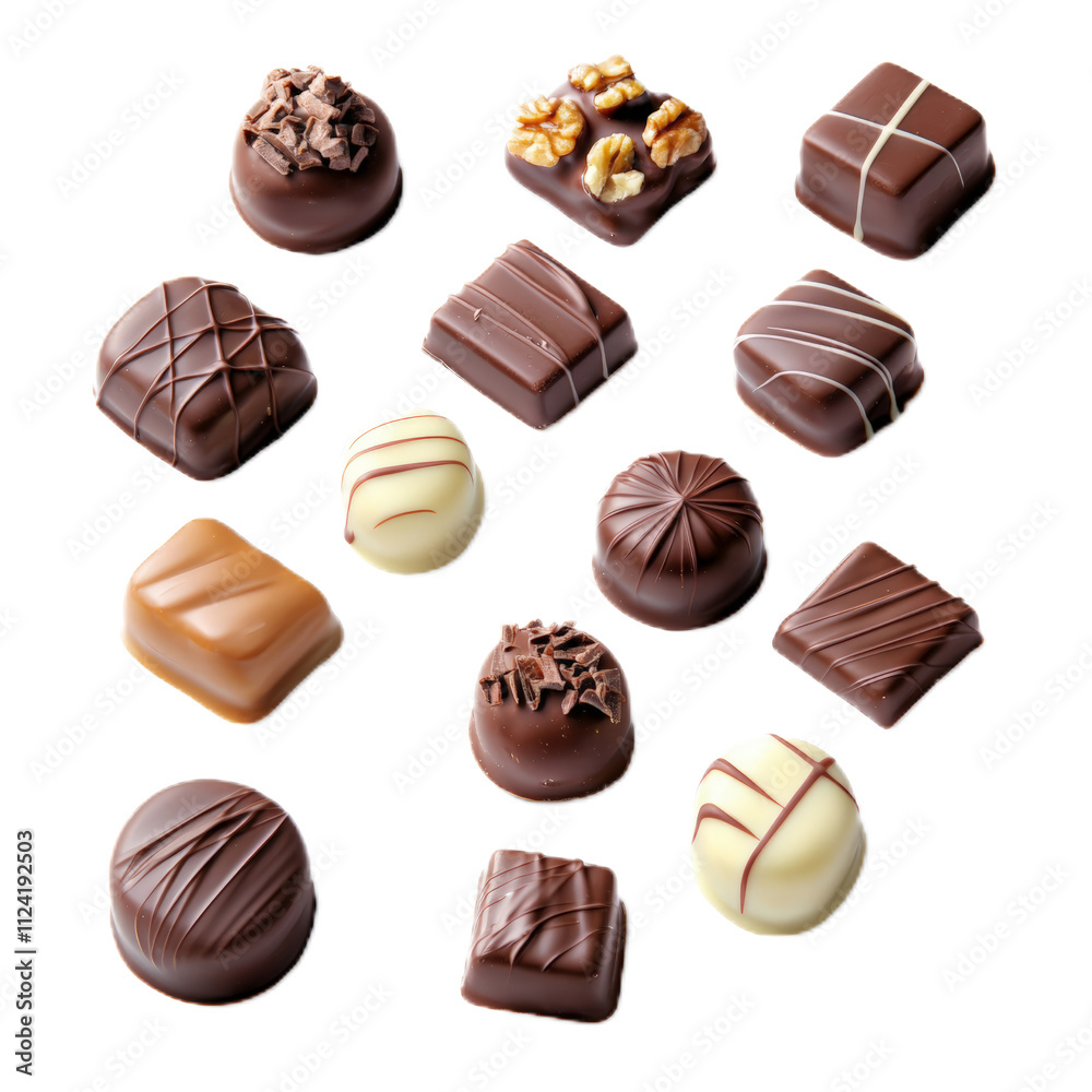 Delicious Assortment of Gourmet Chocolates on White Background - Perfect for Dessert or Gift Giving Delicious Assortment of Gourmet Chocolates on White Background - Perfect for Dessert or Gift Giving