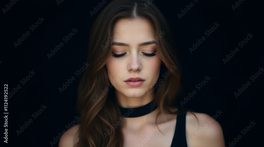 Fototapeta premium young woman with closed eyes, bathed in soft natural light and shadows against a green backdrop. Her relaxed pose and gentle expression create a mood of calm and introspection