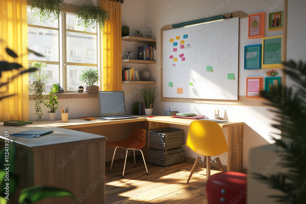 A modern private office space in home, Yellow curtain, yellow chair, desk and whtieboard, work from home A modern private office space in home, Yellow curtain, yellow chair, desk and whtieboard, work from home