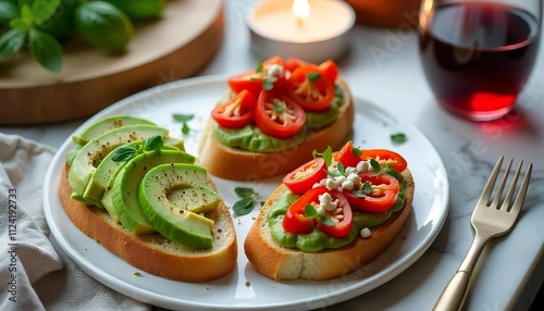 Bruschetta with tomatoes, basil, and olive oil on a wooden board