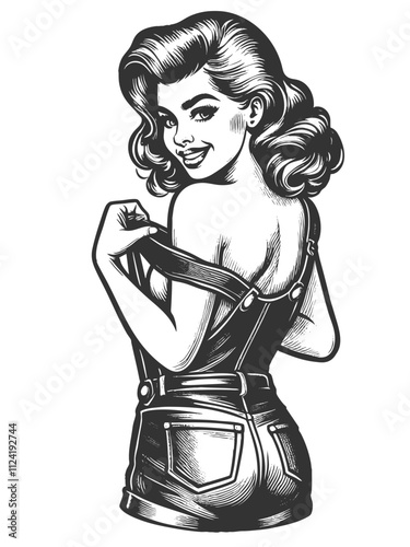 Playful smiling beautiful young woman in denim overalls unbuttoning one strap with a flirty smile sketch engraving generative ai vector illustration. Scratch board imitation. Black and white image.
