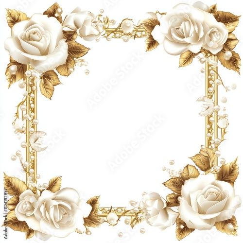 An ornate rectangular wedding frame with white roses, gold leaves, and delicate pearl accents isolated on a white background