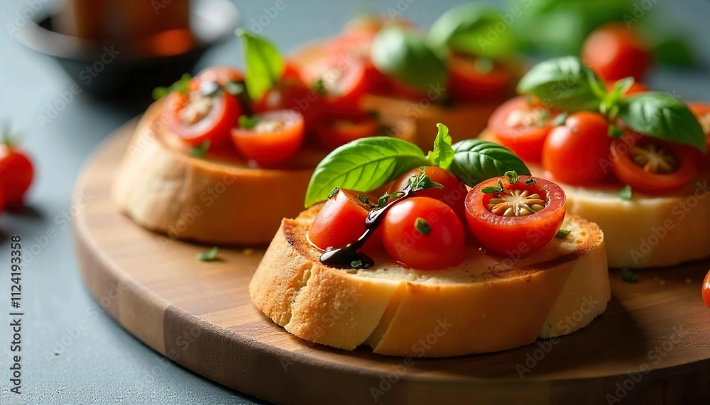 Bruschetta with tomatoes, basil, and olive oil on a wooden board Bruschetta with tomatoes, basil, and olive oil on a wooden board