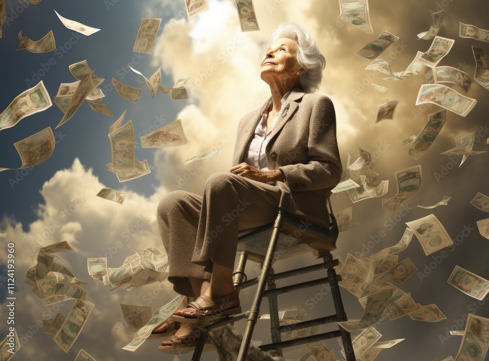 an elderly woman standing up on a ladder with dollar an elderly woman standing up on a ladder with dollar
