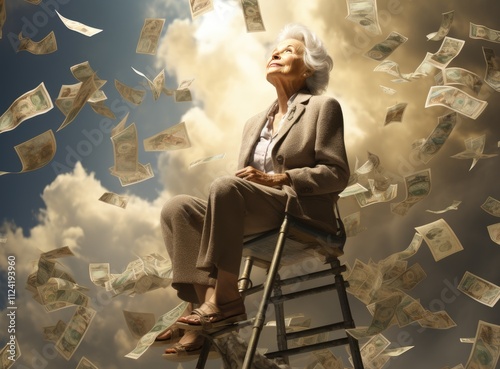 an elderly woman standing up on a ladder with dollar