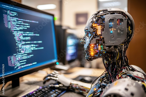 Structure of robot working at computer replace human with desktop monitor in front. Maschinen typing on keyboard in office. Futuristic worker. AI work at support job technologies. Background office.