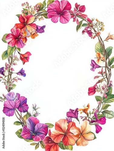 An oval frame with colorful bougainvillea and small tropical blossoms, perfect for exotic weddings on white background