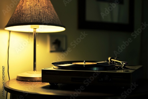 A vintage record player spins vinyl in a softly lit room, where a warm lamp casts shadows, evoking cherished memories. photo