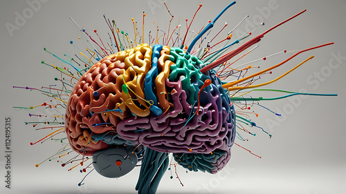 A brain model with colorful wires shooting in every direction, symbolizing scattered thoughts and cognitive overload, isolated on a plain white background.