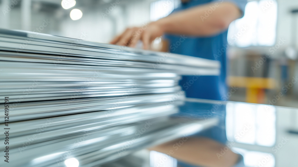 Worker stacking sheets of reflective glass in industrial setting, showcasing precision and focus. environment is bright and organized, emphasizing importance of safety and quality Worker stacking sheets of reflective glass in industrial setting, showcasing precision and focus. environment is bright and organized, emphasizing importance of safety and quality