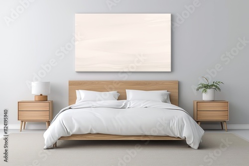 Minimalist Bedroom with Empty Wall for Poster Display - 3D Render