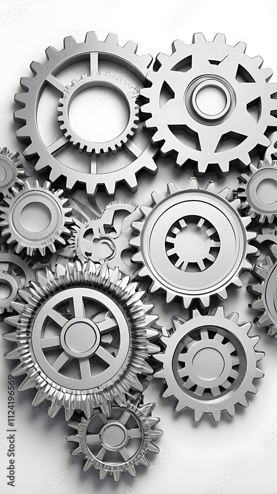 A cluster of metallic gears in various sizes, neatly stacked together, isolated on a plain white background.