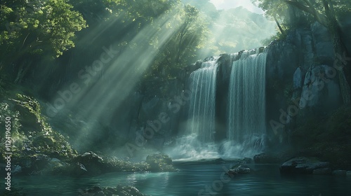 Serene Waterfall in a Lush Tropical Digital Painting. AI Generated