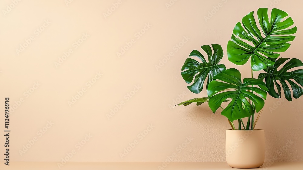 Lush Houseplant with Large Green Leaves in Neutral Setting Lush Houseplant with Large Green Leaves in Neutral Setting